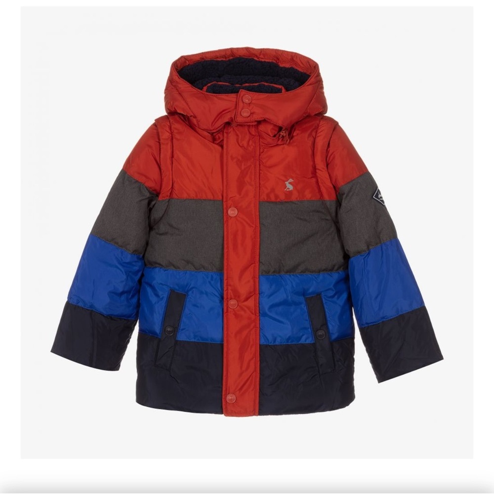 Joules Red, Gray, Blue & Black Colorblock Hooded Puffer